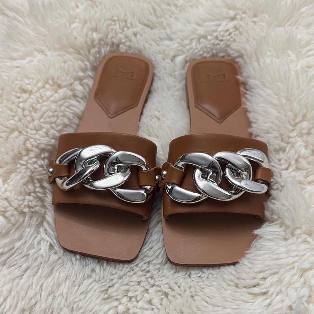 Marc Fisher Tan Slide Mules with Silver Chain Accent